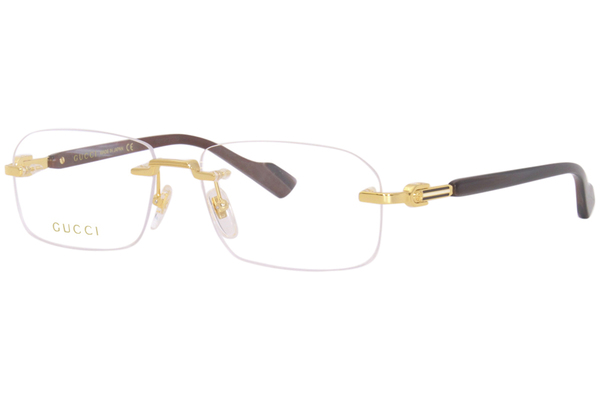 Gucci GG1221O 002 Eyeglasses Men's Gold/Brown Horn Rimless Rectangle Shape  56mm 
